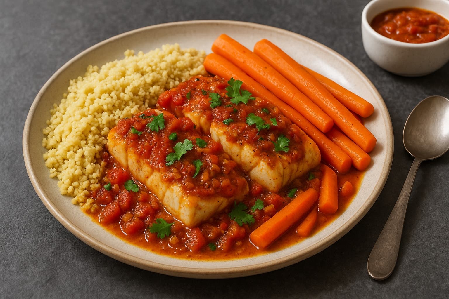 Moroccan-Spiced Poached Cod with Couscous and Steamed Carrots