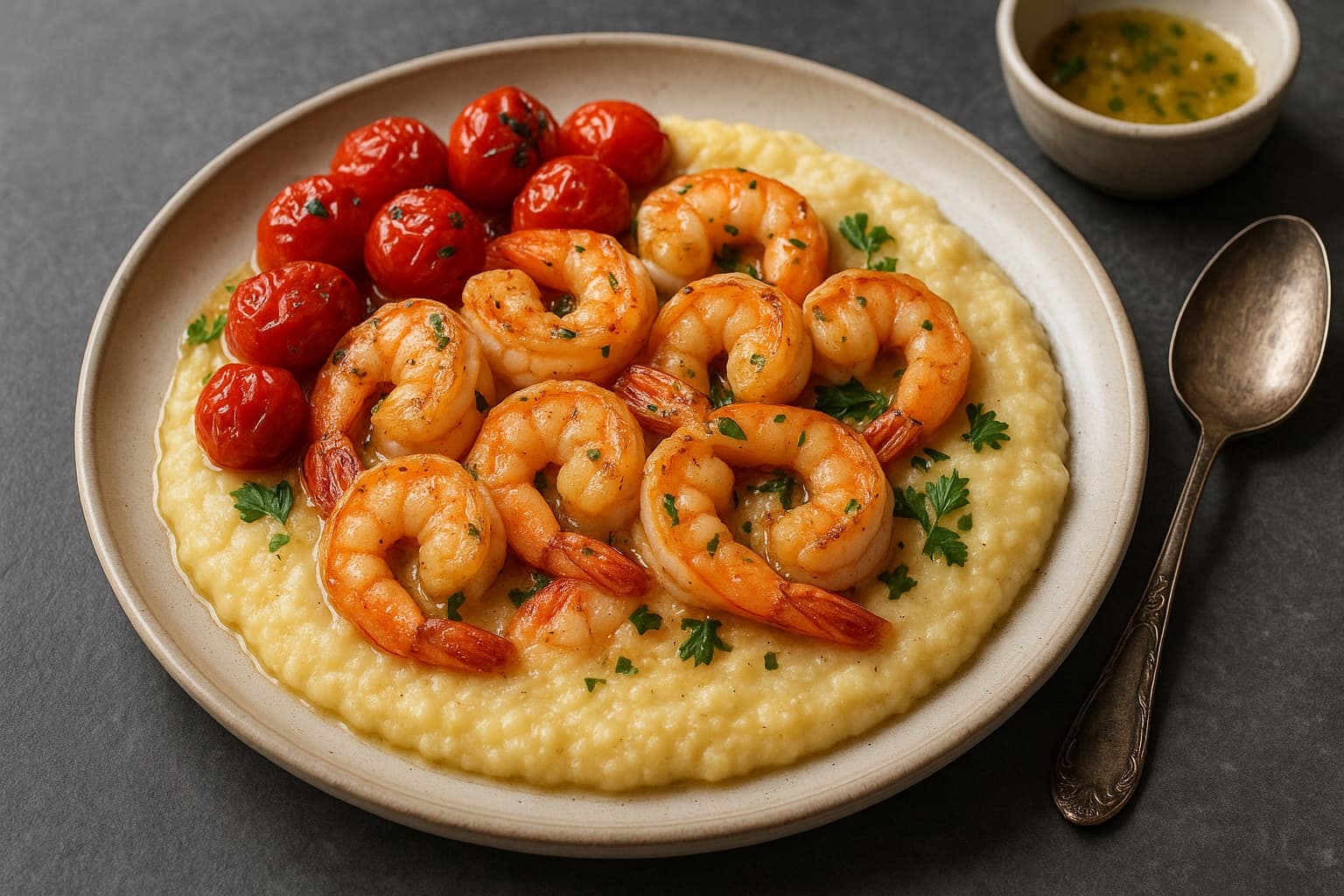Garlic Butter Shrimp and Grits with Roasted Cherry Tomatoes