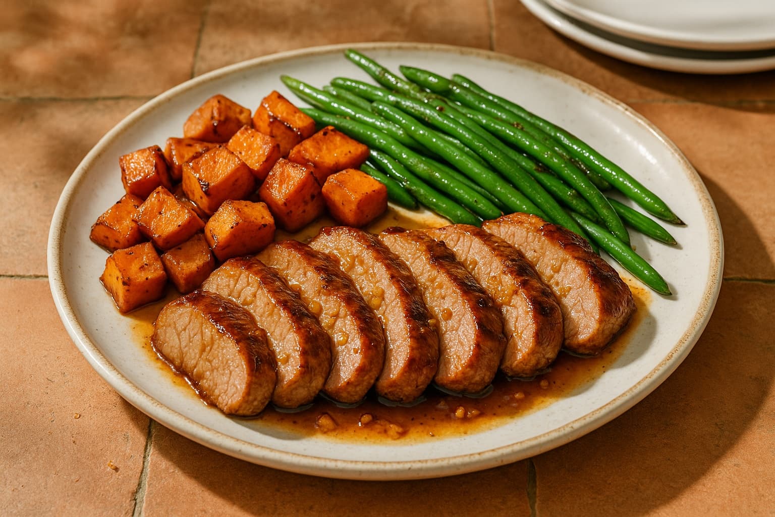 Honey Garlic Pork Tenderloin with Roasted Sweet Potatoes and Green Beans